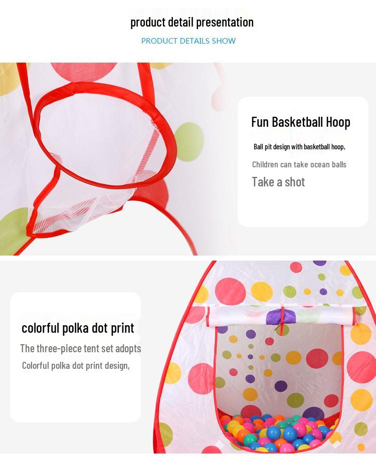 Children's Indoor Three-Piece Play Tent Set with Tunnel and Polka Dot Ball Pit Fence