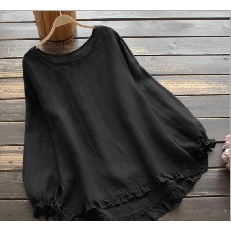 Women's Cotton and Linen T-shirt Loose Ruffled Sleeves Round Neck Long-sleeved Shirt