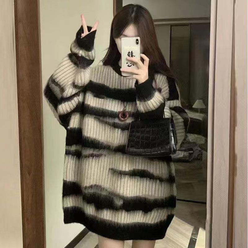 

Свободный дизайн, пуловер с круглым вырезом, вязаный свитер, контрастный цвет, универсальный свитер с длинными рукавами, женский топ One Size