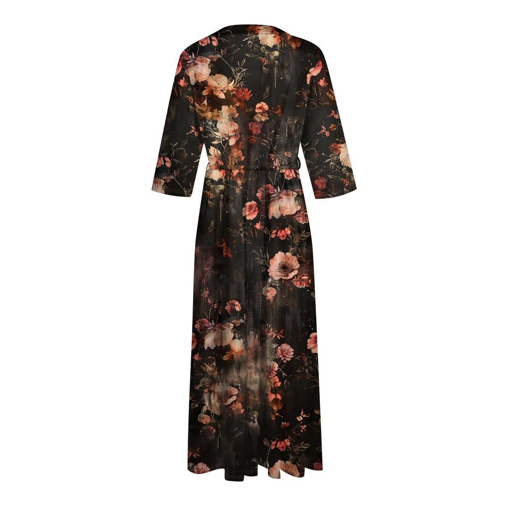 Women's Fashion Retro Floral Print Lapel Button Three Quarter Sleeve Dress