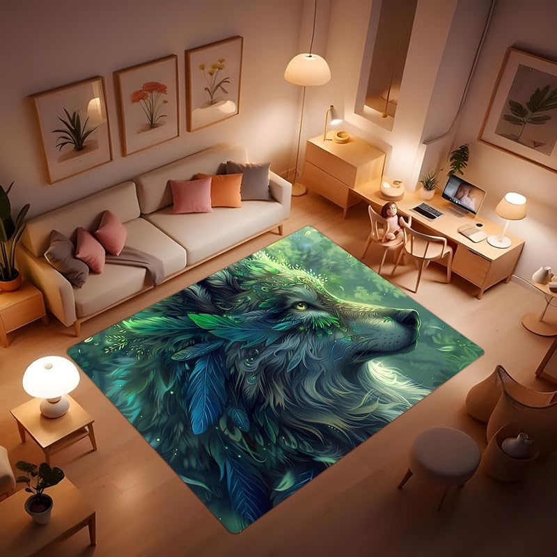 Wolf print pattern area rug, howling wolf under the moon plush area rug, suitable for living room bedroom dining room entrance