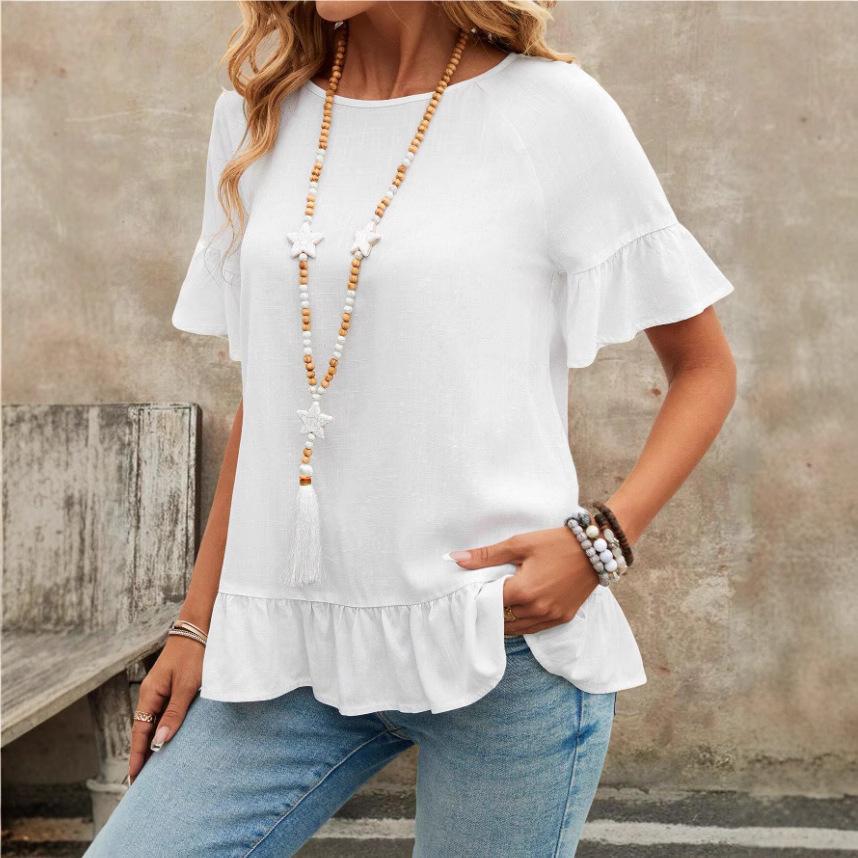 Ladies Summer Short Sleeve O Neck Ruffles Solid Color Casual Pullover Blouse Shirt Top