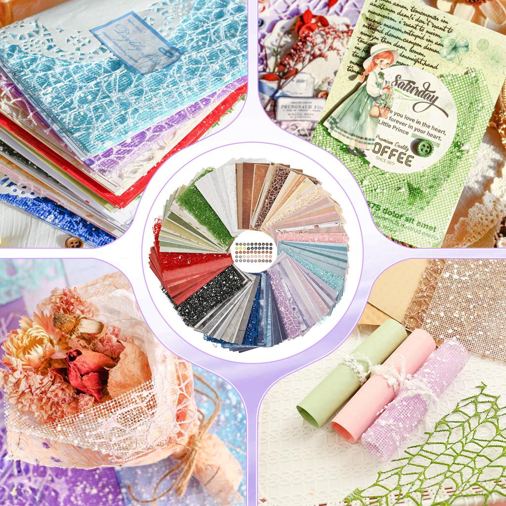 260 Sheets Textured Scrapbook Paper and Lace Fabric Assorted Set with Button 10 Style Journal Paper Set Making Collage Scrapbook