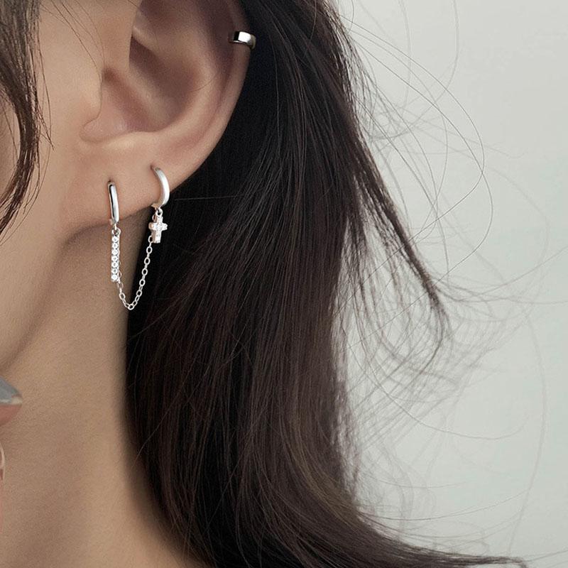 ANENJERY Double Pierced Hoop Earrings For Women Classic Zircon Cross Bar Earrings