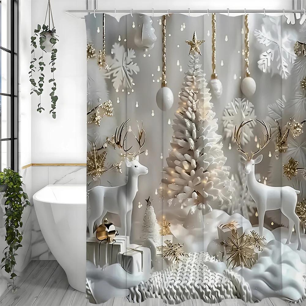 Christmas White Elk Christmas Tree Decorative Shower Curtain, Bathroom Decorative Shower Curtain, Waterproof Shower Curtain with W90XH180cm