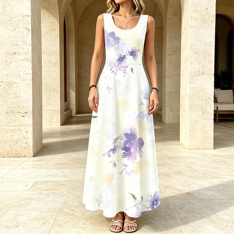 Women U Neck Maxi Sundress,Lilac Flower Print Dress,Sleeveless Flowy Long Dress,Coastal Casual Summer Apparel