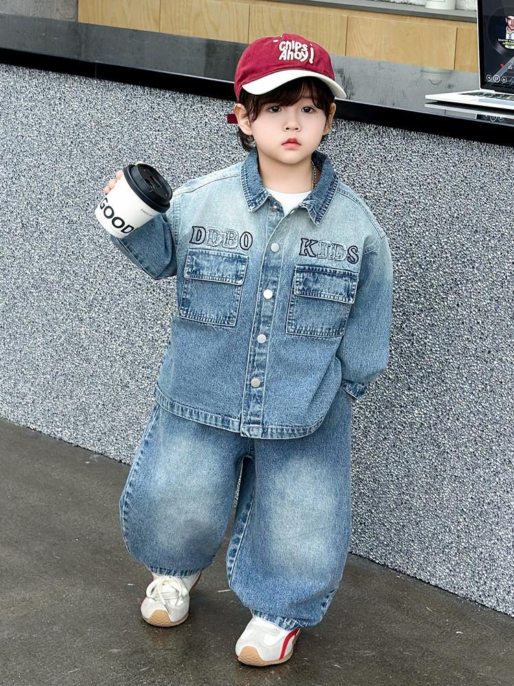Boys Summer Fashion Embroidered Denim Two-Piece Set: Lettered Short-Sleeved Shirt & Shorts 140cm