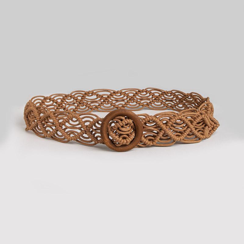 Bohemian Style Woven Waist Belt With Wooden Buckle Handmade Cotton Linen For Casual Summer Wear