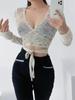 Women's Thin V-neck Cropped Top with Waist Tie & Bell Sleeves - Spring/Summer Long Sleeve Sun Protection