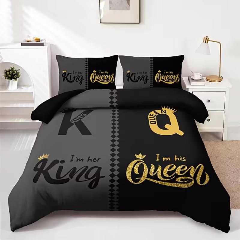 Queen & King 3pcs Couples Spouses Lovers Themes Bedding Set with All Size Featuring Printed English Letters On The Duvet Cover