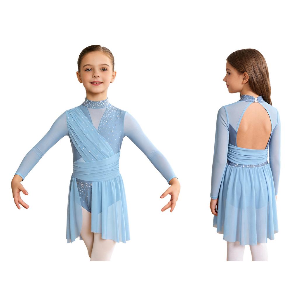 Girls Performance Dress Mock Neck Long Sleeve Cutout Back Sheer Mesh Ruched with Glittery Rhinestones