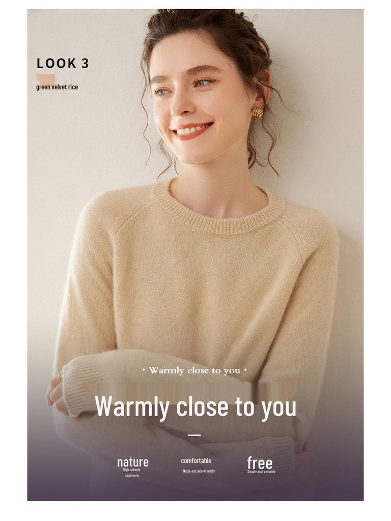 Women's Thick Cashmere Round Neck Raglan Sweater - Slim Fit, Soft Knit for Autumn/Winter