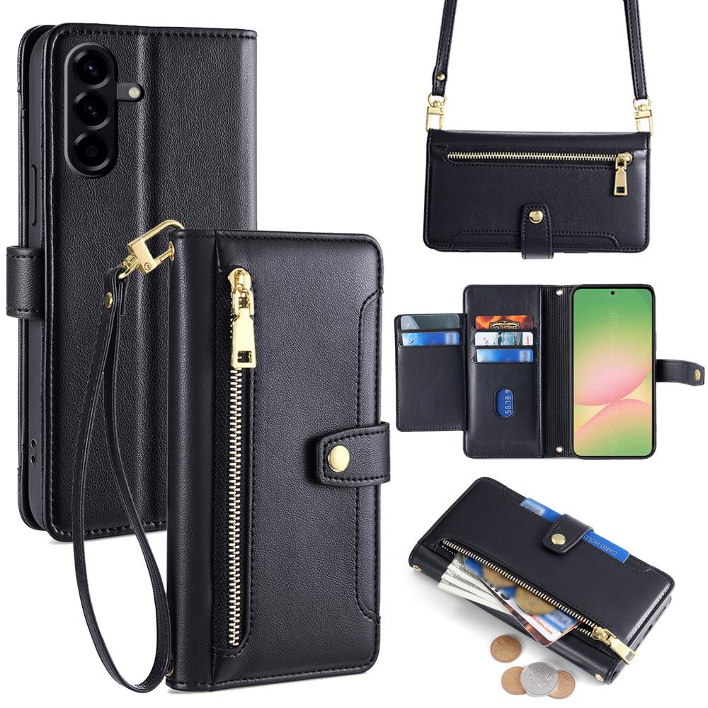 For Samsung Galaxy A56 5G Case Zipper Pocket Wallet Leather Phone Cover with 2 Straps