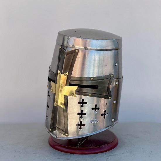 Templar Brass Cross Crusader Helmet-Knight Helmet-Medieval Helmet-Cosplay Costume Larp Reenactment Great Helmet