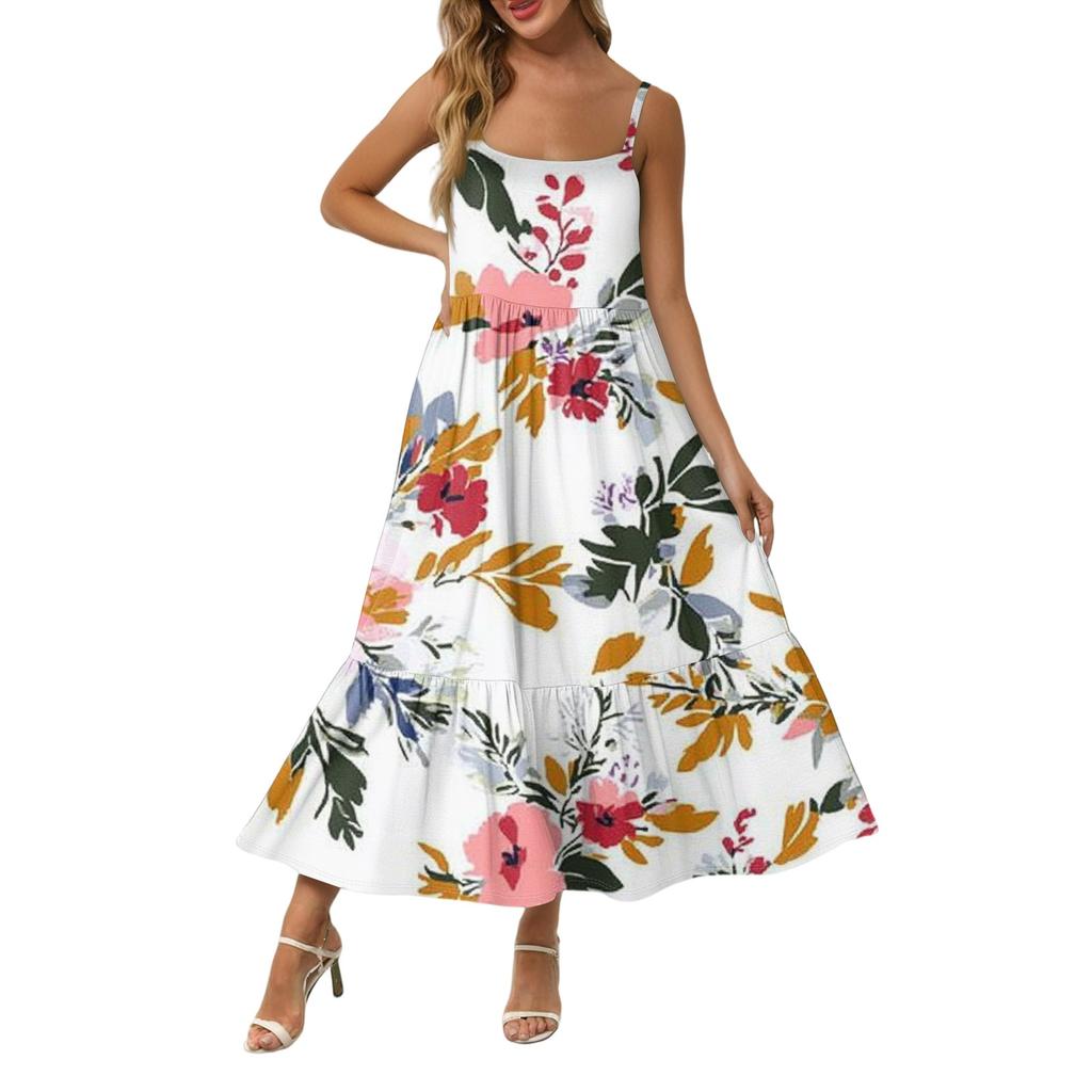 Women's Long Beach Casual Elegant Spaghetti Strap Maxi Dress Stitching Low-key Flowing Bohemian Dress