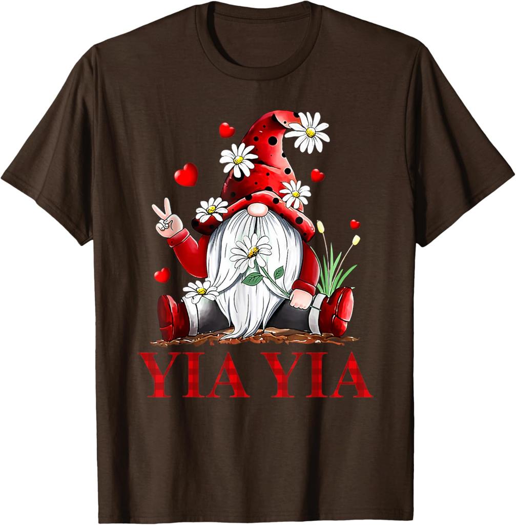 Yia Yia Gnome Daisy Peace Sign Love Valentine Matching Graphic Tee Casual Short Sleeve T-Shirt