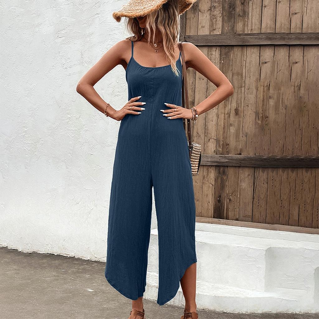 Women's Fashionable Solid Color Pocket Irregular Pants Legs Loose Casual Camisole Sleeveless Jumpsuit
