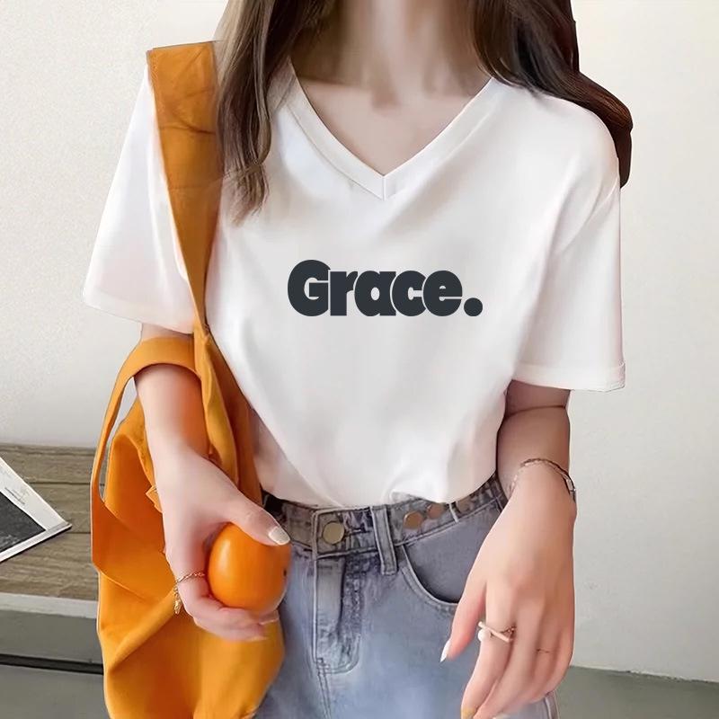 

White Print Women s Loose Cotton T-Shirt - Summer 2025 Trendy Short Sleeve Top Medium