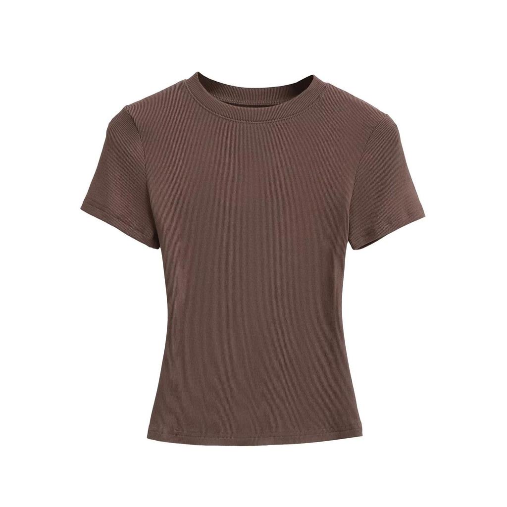 2025 Summer Kardashian Style Ribbed Short Sleeve Top - Solid Color & Sexy Round Neck