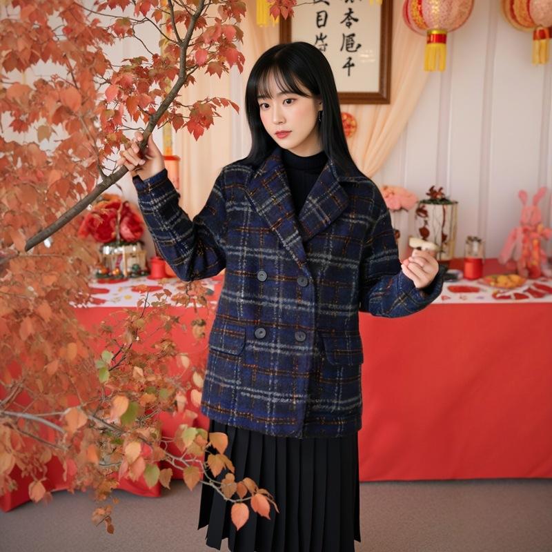 Deformation policy large size women's clothing mm autumn and winter new suit collar plaid woolen coat woolen coat
