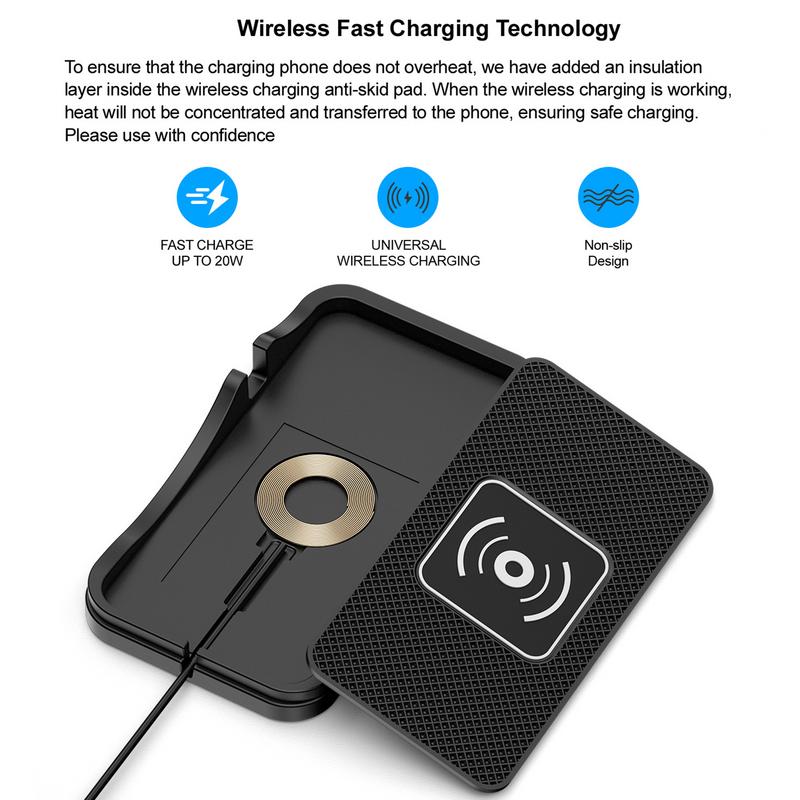 Fast Wireless Phone Charger For Car Cordless Fast Charging Pad For Auto Non-Slip Cell Phone Charger Pad Flat Charging Mat For