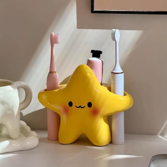 Toothbrush Holder with Water Drainage Air Circulation Star Shape Weighted Base Anti-Tip Design Toothbrushes Bathroom Organizer