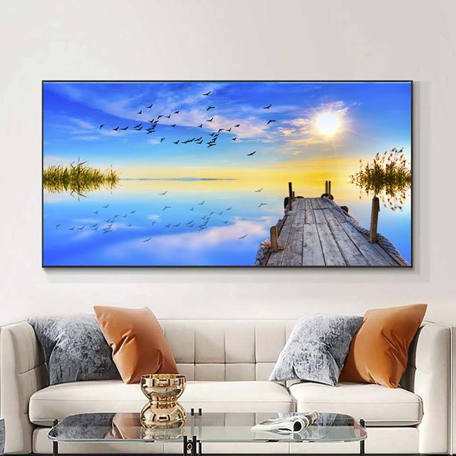 Landscape Sunset Lake Flying Bird Boat Sky Canvas Painting Posters and Prints Wall Art Pictures Living Room Home Decor No Frame No Frame