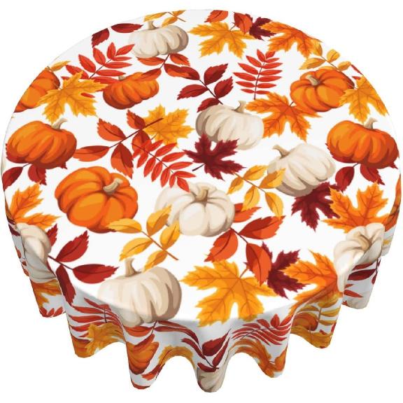 Fall Round Tablecloth 60 Inch Thanksgiving Harvest Autumn Pumpkin Fallen Leaves Maple Leaf Print Decorative Table Cloth Holiday Decorations Seasonal