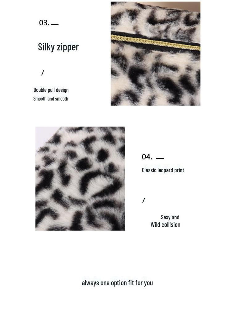 Hochwertige Kosmetiktasche aus Plüsch mit Leopardenmuster – großes Fassungsvermögen und süßes Design für Studentinnen