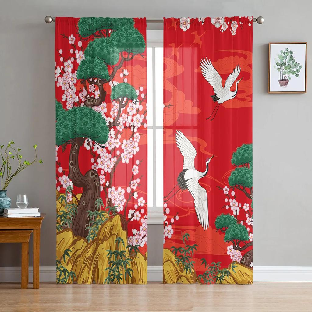 Japonská hora Fuji Sakura Květina Tyl Okenní Závěsy Obývací pokoj Organza Čirý voál Závěs Ložnice Kuchyň Domácí Dekor