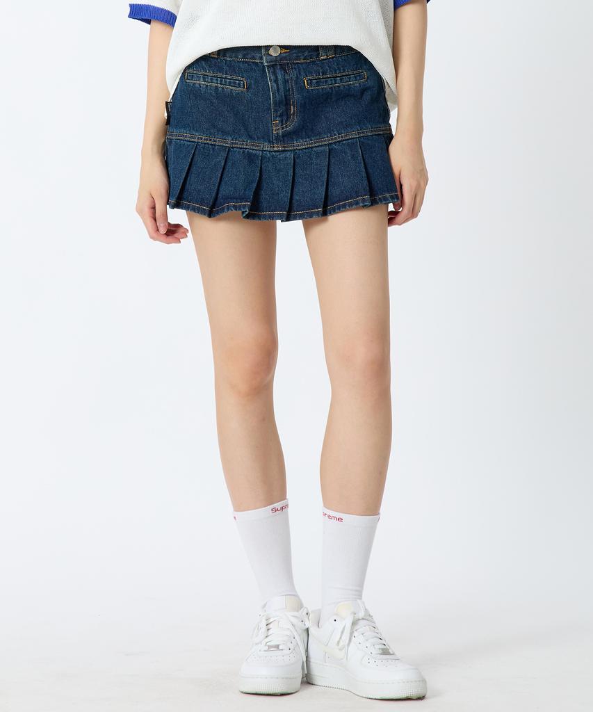 ANDTHEOTHER Pleated Denim Mini Skirt Blue