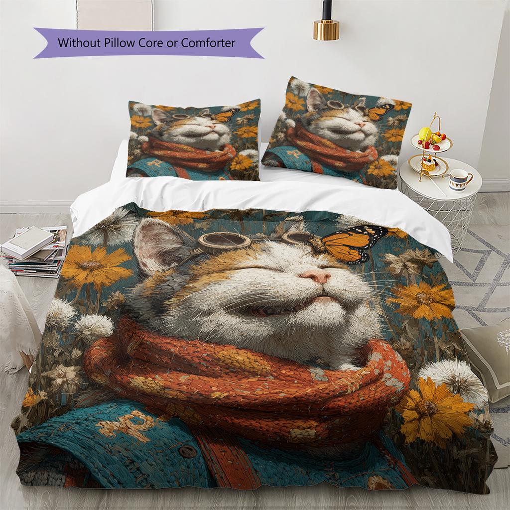 Tabby Cat Pattern Bedding Quilt Set Quilt Cover Pillowcase Home Decoration Gift (1 * Duvet Cover + 2 * Pillowcase, Without Core)
