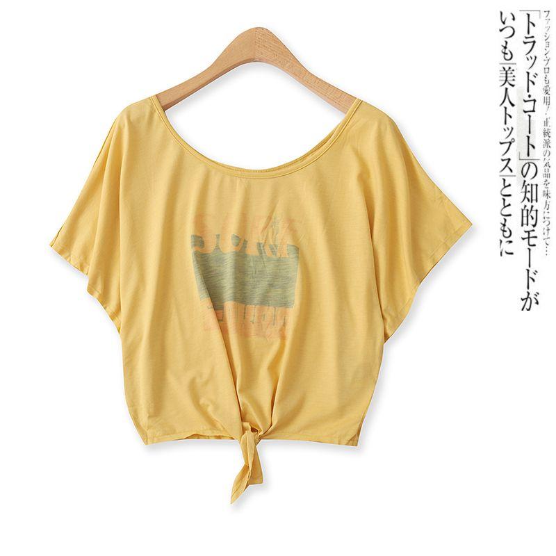 

Lace-up T-shirt Summer New Arrival Foreign Trade Women s Clothing All-Matching Youthful-Looking Deep round Neck Slimming Batwing Sleeve Tops 15242 Yellow L