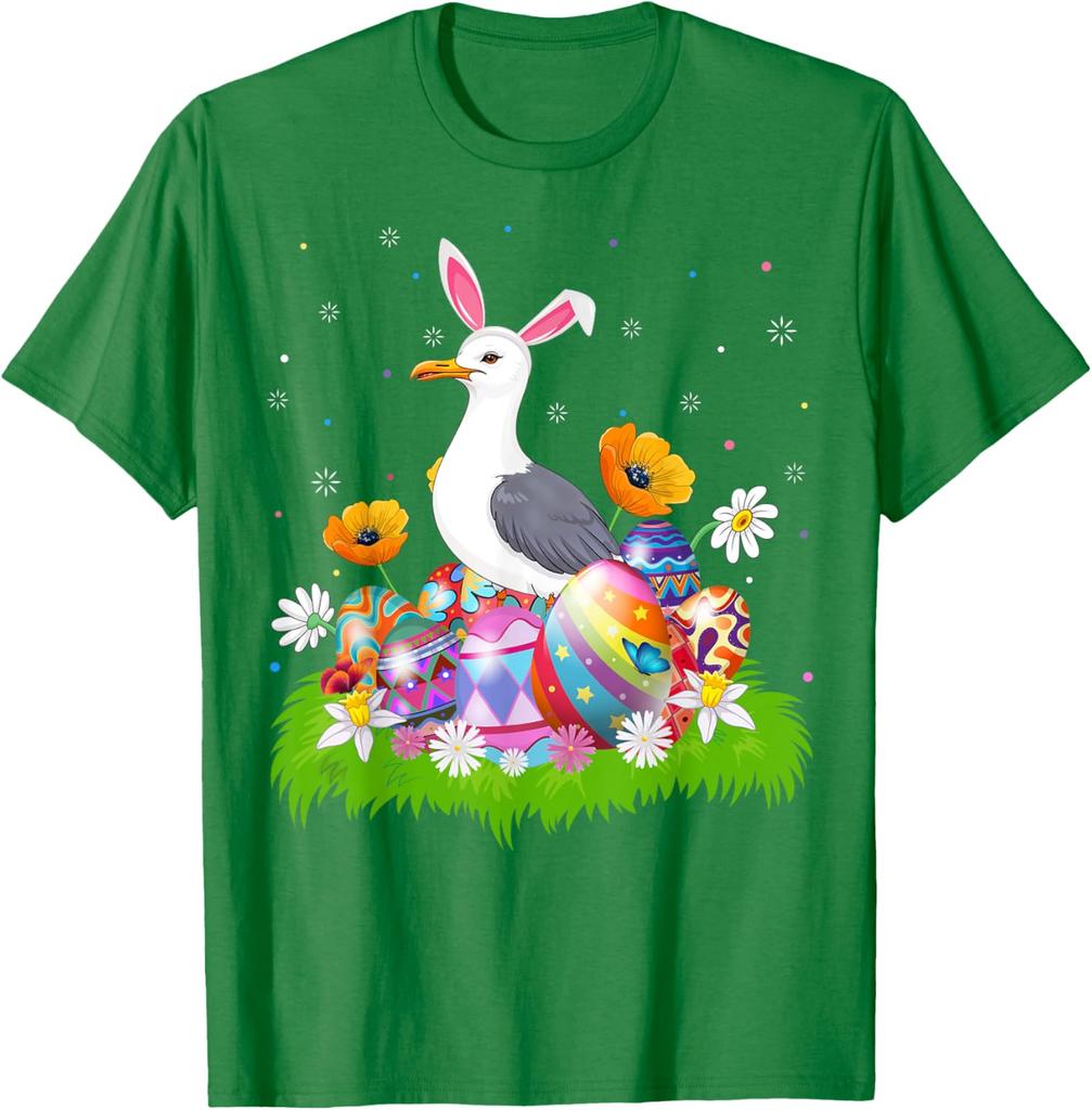 Seagull Bunny Ears Easter Eggs Graphic Tee Men Casual Cotton Short Sleeve T-Shirt