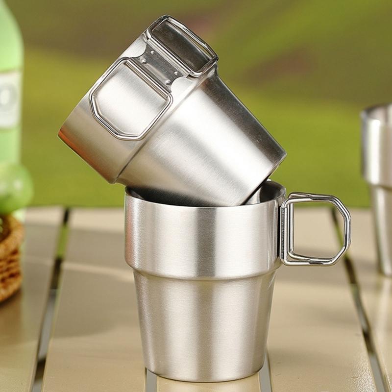 2er-Pack Edelstahl Isolierbecher für Camping, klappbarer Griff, doppelwandige Kaffeetassen für Outdoor, Wandern