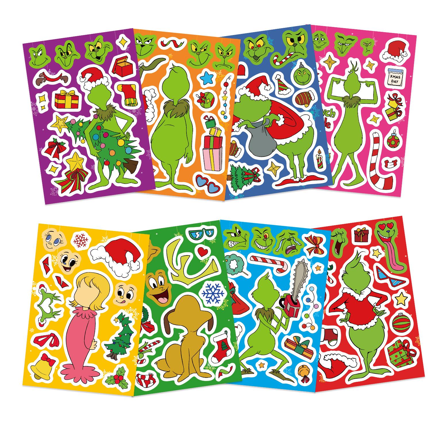 

8/16PCS Cartoon Green Monster Make a Face Stickers, Waterproof Decals for Stationery Notebook Phone Laptop Guitar Luggage Helmet