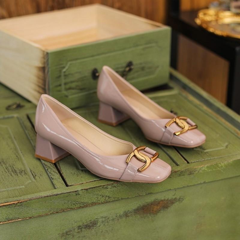

2025 new square head high heels women thick heel two wear can step on the heel single shoes patent leather metal autumn 39 розовый