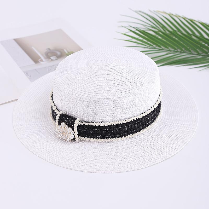 Summer Xiaoxiangfeng Flat Top Hat Ladies Elegant Pearl Rhinestone Sunshade Sunscreen Hat Travel Fashion Straw Hat Pearl