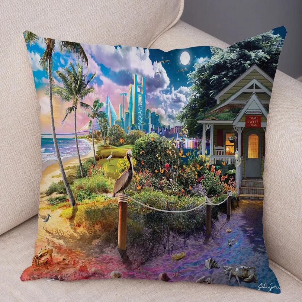 Vintage Colorful Style Coconut Tree Pillow Cover Country House Landscape  Sofa Car Office Cushion  Home Decor