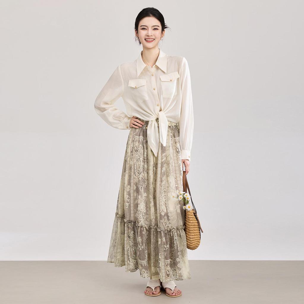 Elegant Resort-Style Tencel Acetate Shirt & Retro Print Skirt Set for Women
