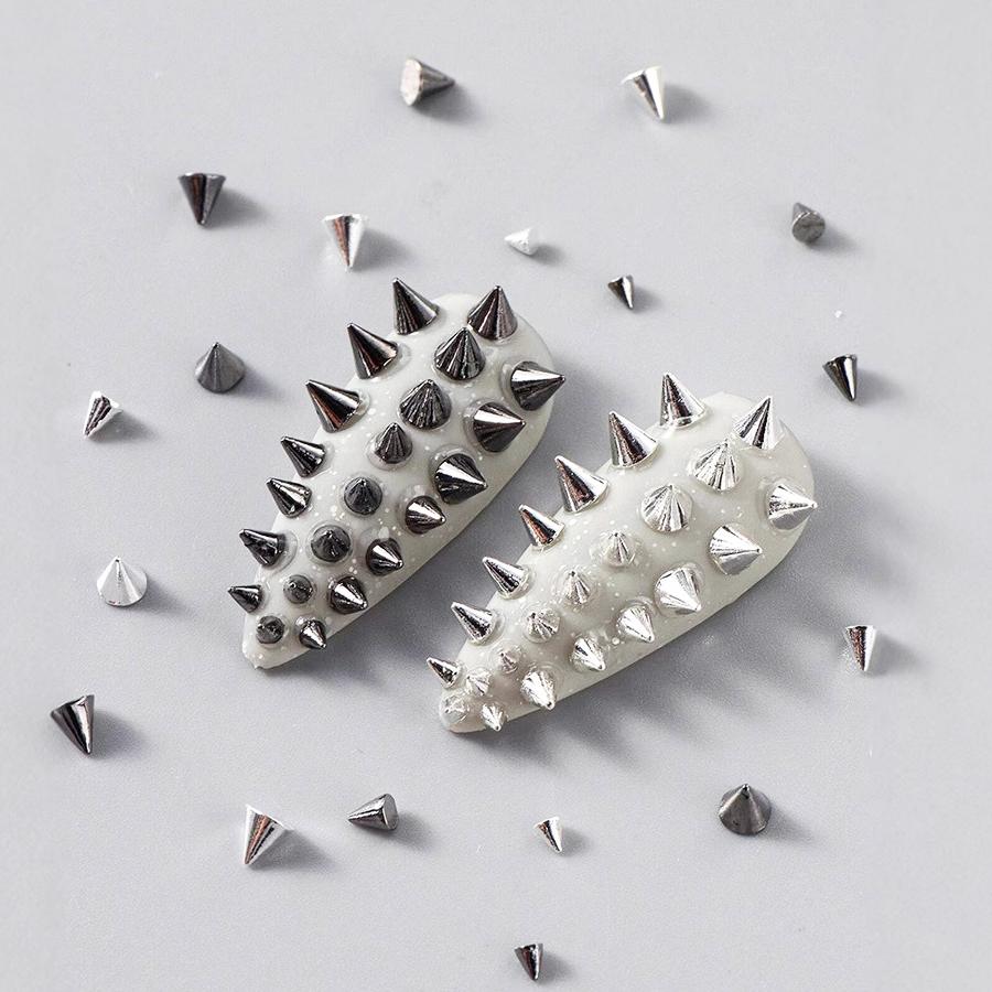 3D Punk Silvery Black Pyramid Stud Nail Jewelry Set, Metal Cone Spikes Beads Rivets, Halloween Gothic Nail Decorations