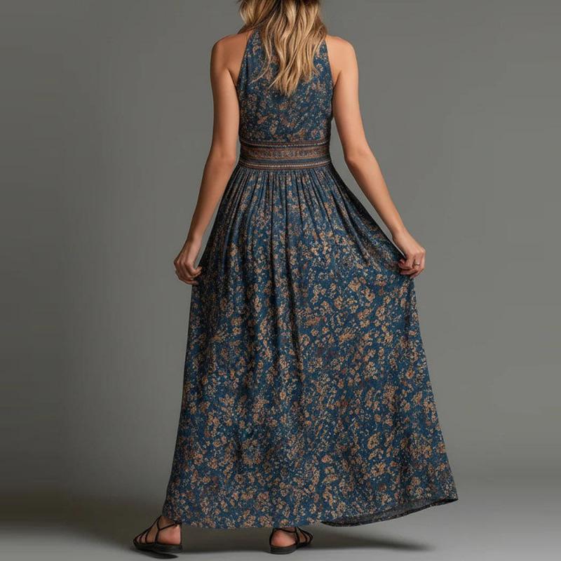 Summer New Bohemian Sleeveless Print Deep V-Neck Split Dress