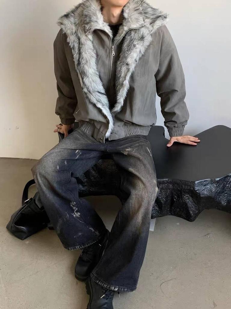 Herren Retro Used Look Bergadler Jacke mit Pelzkragen