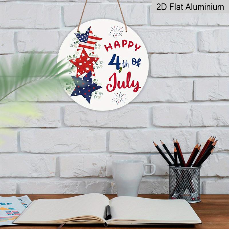2D Flat, 1Pc Round Aluminum Hanging Sign, Patriotic 4Th of July, Featuring Red, White, And Blue Decorations, Including Pentagrams And Fireworks