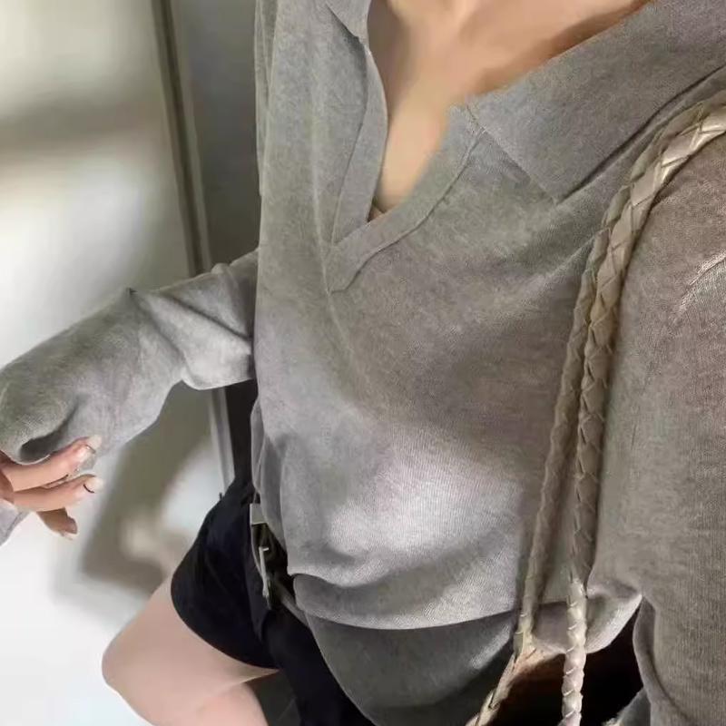 Korean Temperament Lapel Sweater Autumn Women Solid Color Long Sleeve Loose Versatile Knitted Top