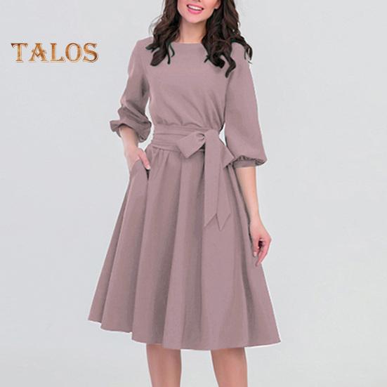 

Fall Summer Women Dress Lantern Sleeves Lace-up Waist Round Neck Solid Color A-line Loose Hem Knee Length OL Commuting Dating Midi Dress