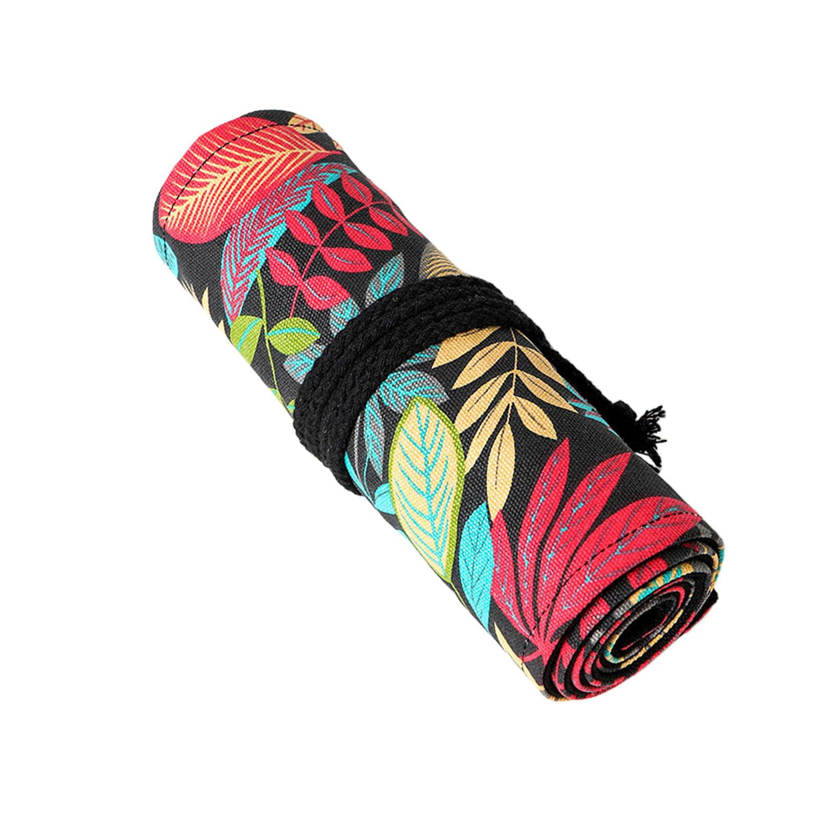 

12/24/36/48/72 отверстия Сворачивающийся пенал с принтом листьев Сумка для хранения карандашей Сворачивающийся органайзер для карандашей из холста D