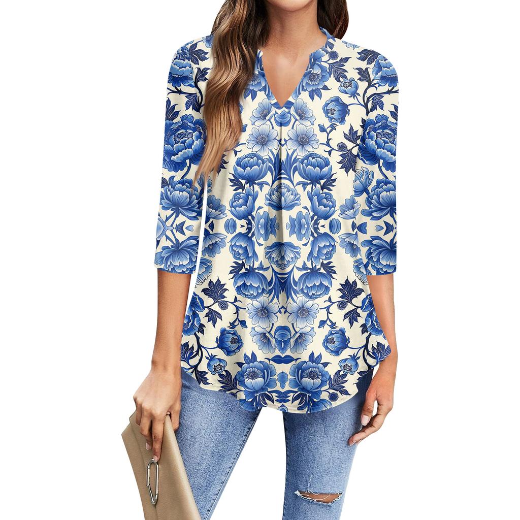 T-shirt Casual da Donna alla Moda a Manica a Tre Quarti con Stampa e Scollo a V