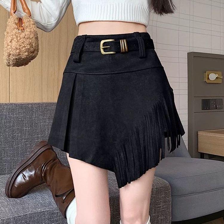 Literary and Retro Fringed Skirt, Free Belt for Women's Irregular High-waisted A-word Skirt, Design Sense Suede Skirt Fringe Western Cowboy Skort