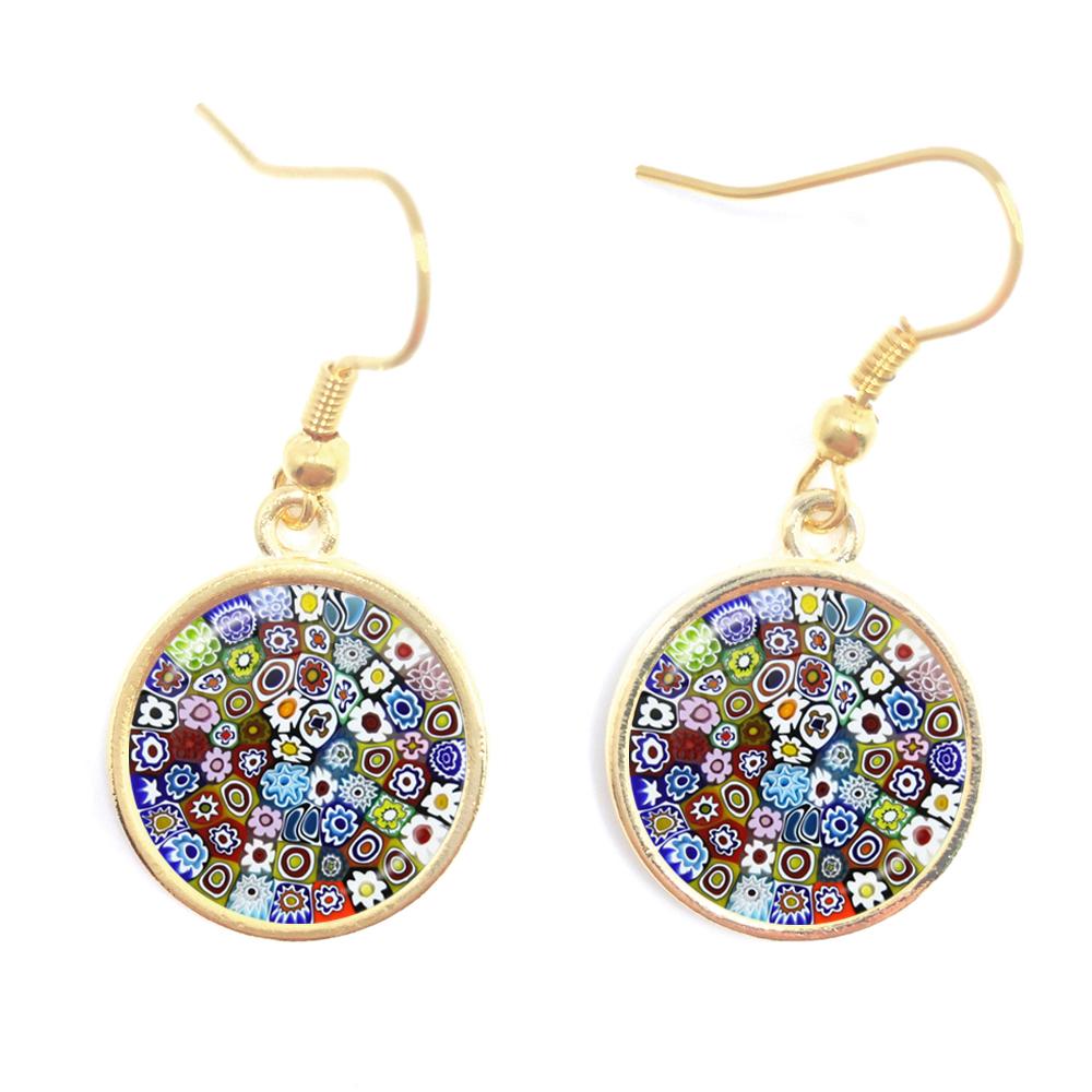 Murano Millefiori Drop Earrings MultiColour Flower 16mm Glass Cabochon Earring Jewelry For Women Girls Gift